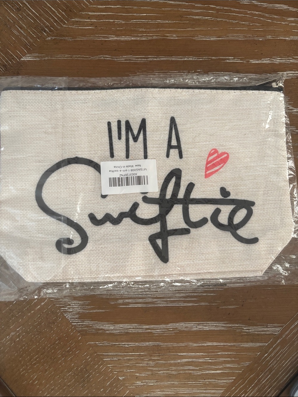 I'm A Swiftie Canvas Zip Pouch - Off- White with Black Script and Pink Heart